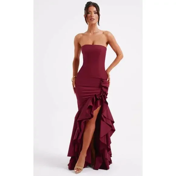 Babyboo Angelina Strapless Ruffle Maxi Dress NWT Burgundy Formal Gown Sz Small - Picture 1 of 12